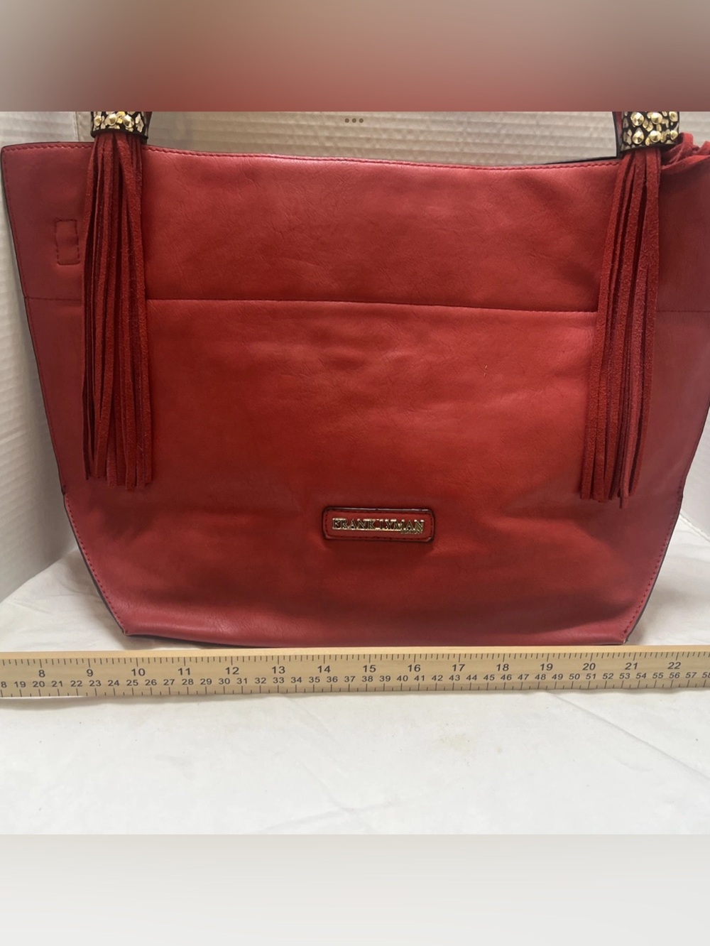 Frank Lyman Design Red Leather Tassel Shoulder Bag with Gold Accents - Picture 6 of 13